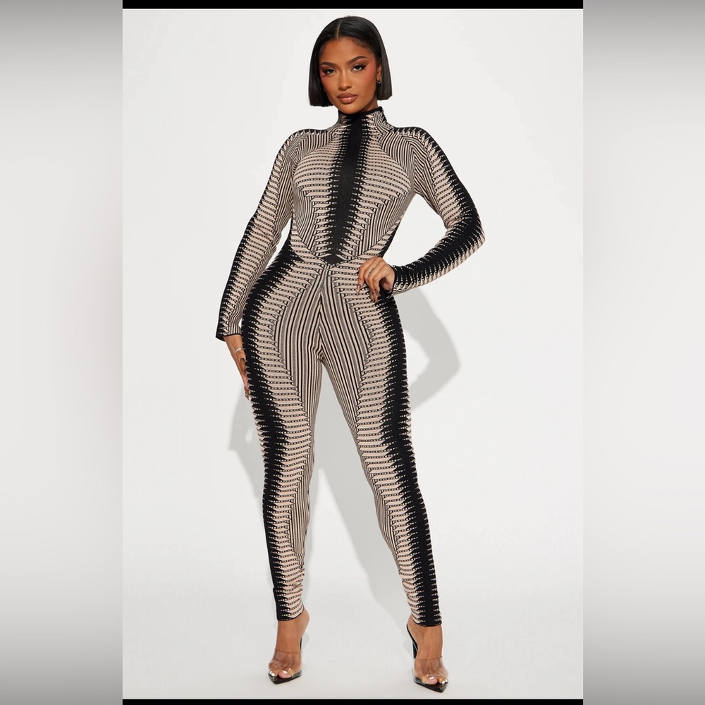 Women’s tan and black sweater jumpsuit
